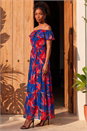 Navy  Floral Print Bardot Belted Maxi Dress, Image 2 of 4