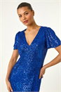 Royal Blue Sequin V-Neck Stretch Midi Dress , Image 4 of 5