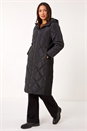 Black Longline Diamond Quilt Hooded Coat, Image 2 of 5