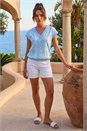 Blue Petite V-Neck Trim Stretch Top, Image 2 of 4