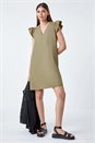 Khaki Plain Cotton Frill Sleeve Pocket Dress, Image 1 of 5