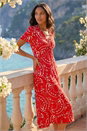 Red Floral Print Twist Front Stretch Dress, Image 2 of 4