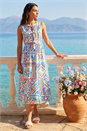 Light Blue  Tile Print Bow Front Midi Dress, Image 3 of 4