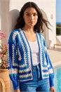 Blue Crochet Edge Knit Cardigan, Image 1 of 4