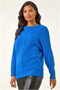 Royal Blue Ribbed Chevron Print Batwing Jumper, Image 1 of 5