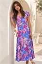 Pink Abstract Floral Ruched Midi Dress, Image 1 of 3