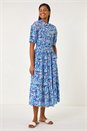 Blue Abstract Print Lace Trim Midi Dress, Image 2 of 5