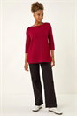 Red Crochet Knit Tunic Stretch Top, Image 2 of 5
