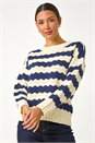 Midnight Blue Wave Colour Block Knit Jumper, Image 2 of 5