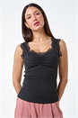 Black Ruched Lace Trim Top, Image 2 of 5