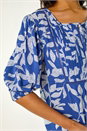 Blue Leaf Print Tie Neck Pleated Top, Image 5 of 6