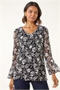 Black Floral Print V-Neck Stretch Lace Top, Image 5 of 6