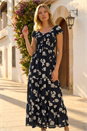 Black Shirred Floral Sweetheart Neck Dress, Image 2 of 4