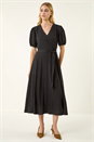 Black Wrap Bodice Belted Midi Dress, Image 2 of 5
