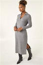 Grey Collar Ribbed Knit Midi Dress, Image 2 of 7