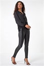 Black Ruffle Front V-Neck Satin Blouse, Image 2 of 5