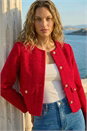 Red Collarless Boucle Jacket, Image 2 of 4