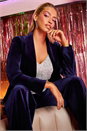 Midnight Blue Velvet Diamante Button Stretch Blazer, Image 1 of 6