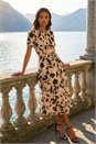 Cream  Floral Print Pleat Neck Midi Dress, Image 1 of 4
