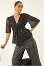 Black Dusk Sequin Tie Front V-Neck Stretch Top, Image 1 of 5