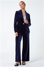Midnight Blue Velvet Diamante Button Stretch Blazer, Image 2 of 6