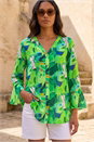 Green Abstract Print Flared Blouse, Image 1 of 4