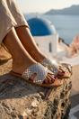 Beige Cordelia Mirrored Disc Embellished H Sandals, Image 4 of 5