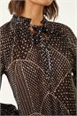 Black Spot Print Tie Neck Pleated Top, Image 5 of 5