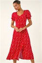 Red Polka Dot Sweetheart Neck Stretch Midi Dress, Image 2 of 5