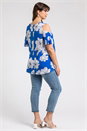 Royal Blue Curve Floral Print  V-Neck Cold Shoulder Top, Image 2 of 4
