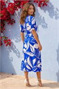Royal Blue Petite Leaf Stretch Midi Dress, Image 3 of 4