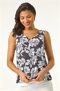 Black Mono Floral Print V-Neck Cami Top, Image 4 of 5