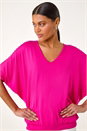 Fuchsia V-Neck Grown On Sleeve Stretch Top, Image 4 of 5