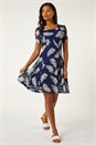 Navy  Leaf Print Lace Stretch Dress, Image 2 of 5
