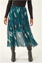 Petrol Blue Abstract Print Mesh Overlay Skirt, Image 2 of 6