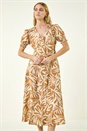 Camel  Abstract Print Button Midi Dress, Image 4 of 5