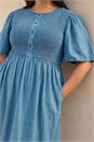 Blue Curve Denim Shirred Midi Dress, Image 4 of 4