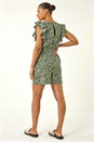 Khaki Leaf Print Linen Blend Playsuit, Image 3 of 5
