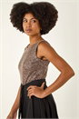 Gold Sequin Bodice Belted Chiffon Dress, Image 4 of 5