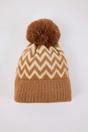 Camel Zig Zag Knit Pom Pom Beanie Hat, Image 2 of 3