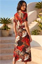 Rust Leaf Print Shirred Midi Dress, Image 2 of 4