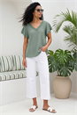 Khaki Broderie Detail V-Neck Stretch Top, Image 2 of 4