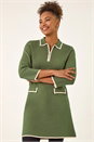 KHAKI Contrast Zip Collared Knit Dress, Image 1 of 5