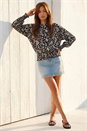 Beige Abstract Print Shirred Hem Top, Image 2 of 4