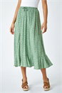 Sage Ditsy Floral Frill Hem Midi Skirt, Image 4 of 5