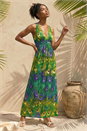 Green Peacock Printed Stretch Maxi Dress, Image 2 of 4