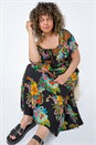 Black Curve Tropical Crinkle Shirred Midi Dress, Image 1 of 5