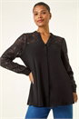 Black Sequin Lace Insert Stretch Blouse, Image 3 of 5