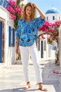 Blue Leaf Print Pleated Collared Top, Image 2 of 4