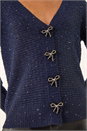 Navy  Bow Embellished Sequin Knit Cardigan, Image 5 of 5